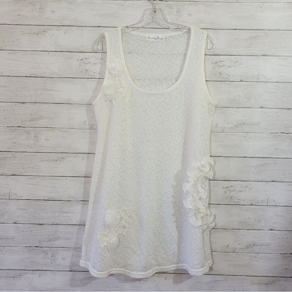 Pretty Angel‎ Linen Blend White Ivory Lace Floral Ruffle Swimsuit Coverup Sz XL